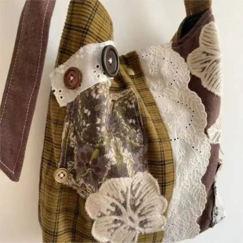 Bloom Vintage Lace Large Capacity Handbag Women Retro Patchwork Canvas Casual Shoulder Ladies Versatile Y2k Bags Сумка