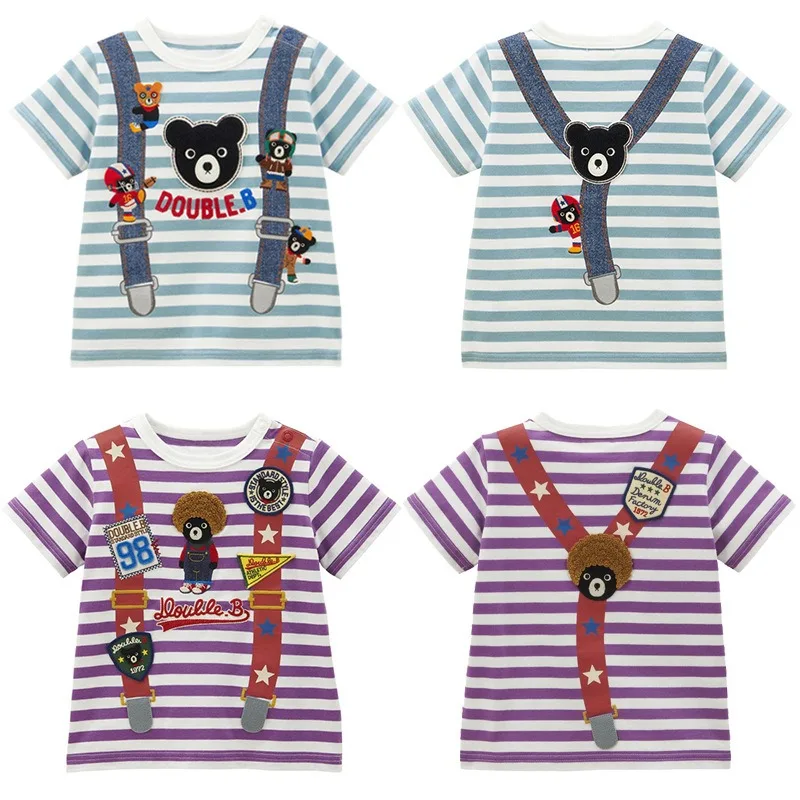 Summer Boys Short Sleeve T-shirts Cartoon Black Bear Stripe T-shirt  Boy Clothes Cute Tops Baby Tees Graphic Top Roupa Infantil