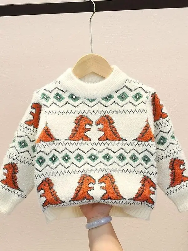 

Thiened Long Sve Boys Knitted Sweater Winter Warm Base Layer Water Rabbit Fur Cartoon round Ne Pullover Children's Woo...