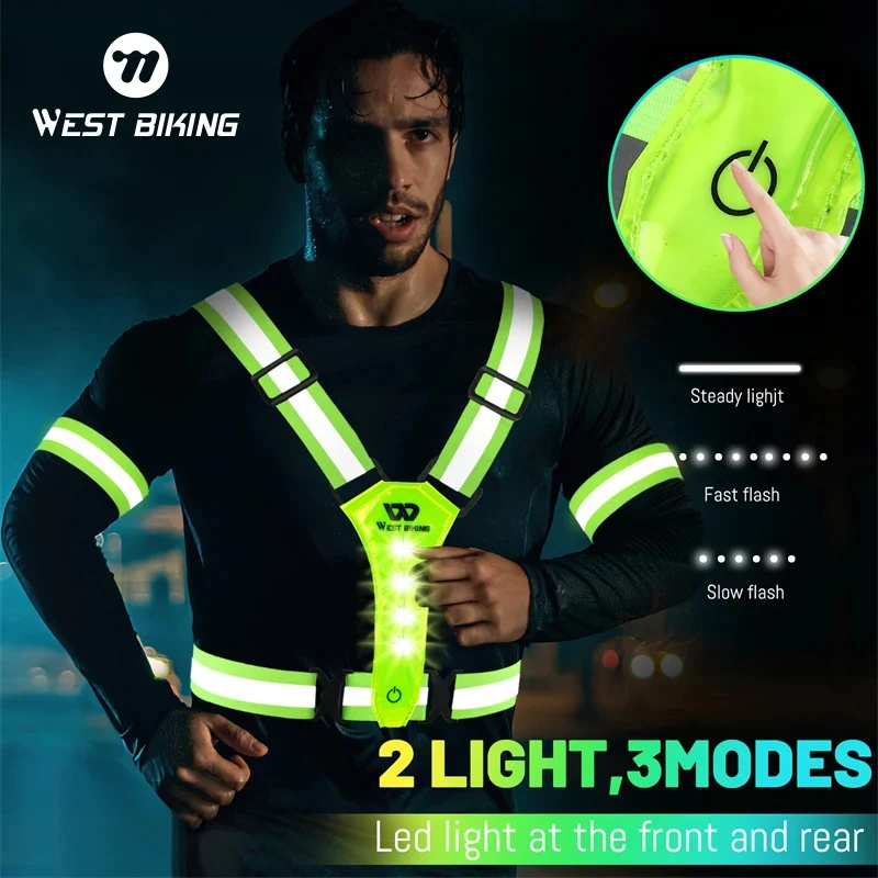 WEST BIKING Outdoor Sport Reflective Strap Vest USB Charging LED Night Chest Lamp Safe Running Warning Light Cycling Accessories