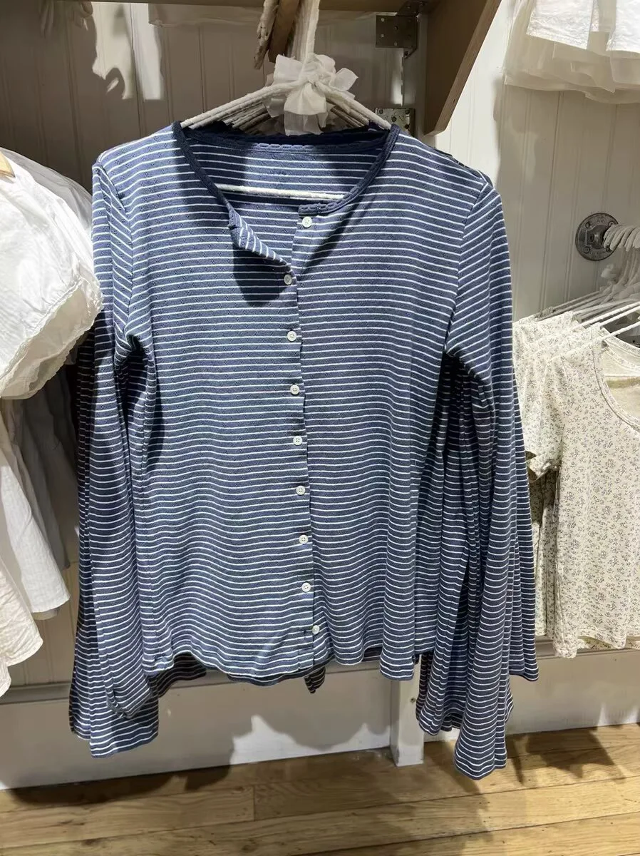 

Футболка-кардиган в синюю полоску с люверсами, женская однобортная футболка с кружевной отделкой и овальным вырезом, милые повседневные винтажные топы с длинными рукавами