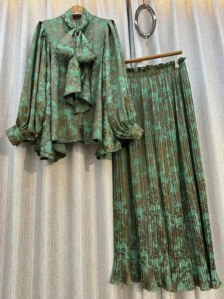 

Retro geometric printed bow-collar loose shirt two-piece set for 2025 autumn women's wear + loose wide-leg pants fashion set