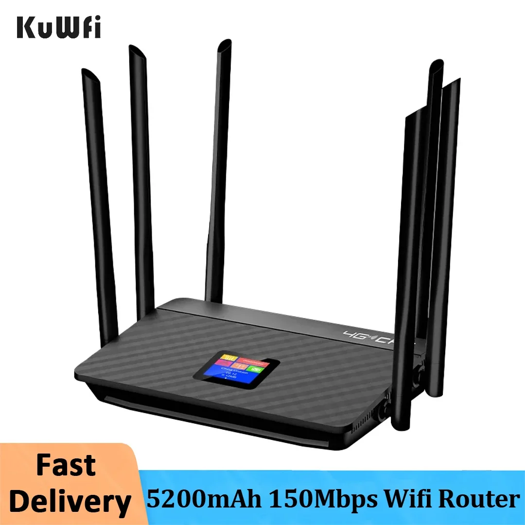 

KuWfi 5200mAh 4G CPE Router LTE Wifi Router High Gain 6pcs External Antennas with LCD Display LAN Wan RJ45 With Sim Card Slot