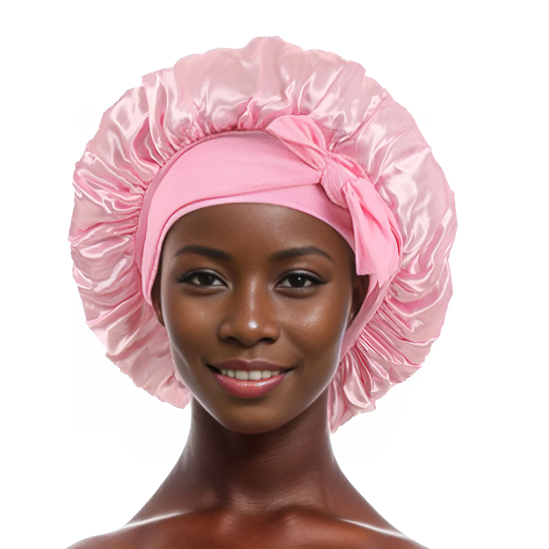 New Women Satin Solid Sleeping Hat Silky Bonnets with Tie Bands Elastic Shower Cap Adjustable Cap for Curly Hair Bonnets