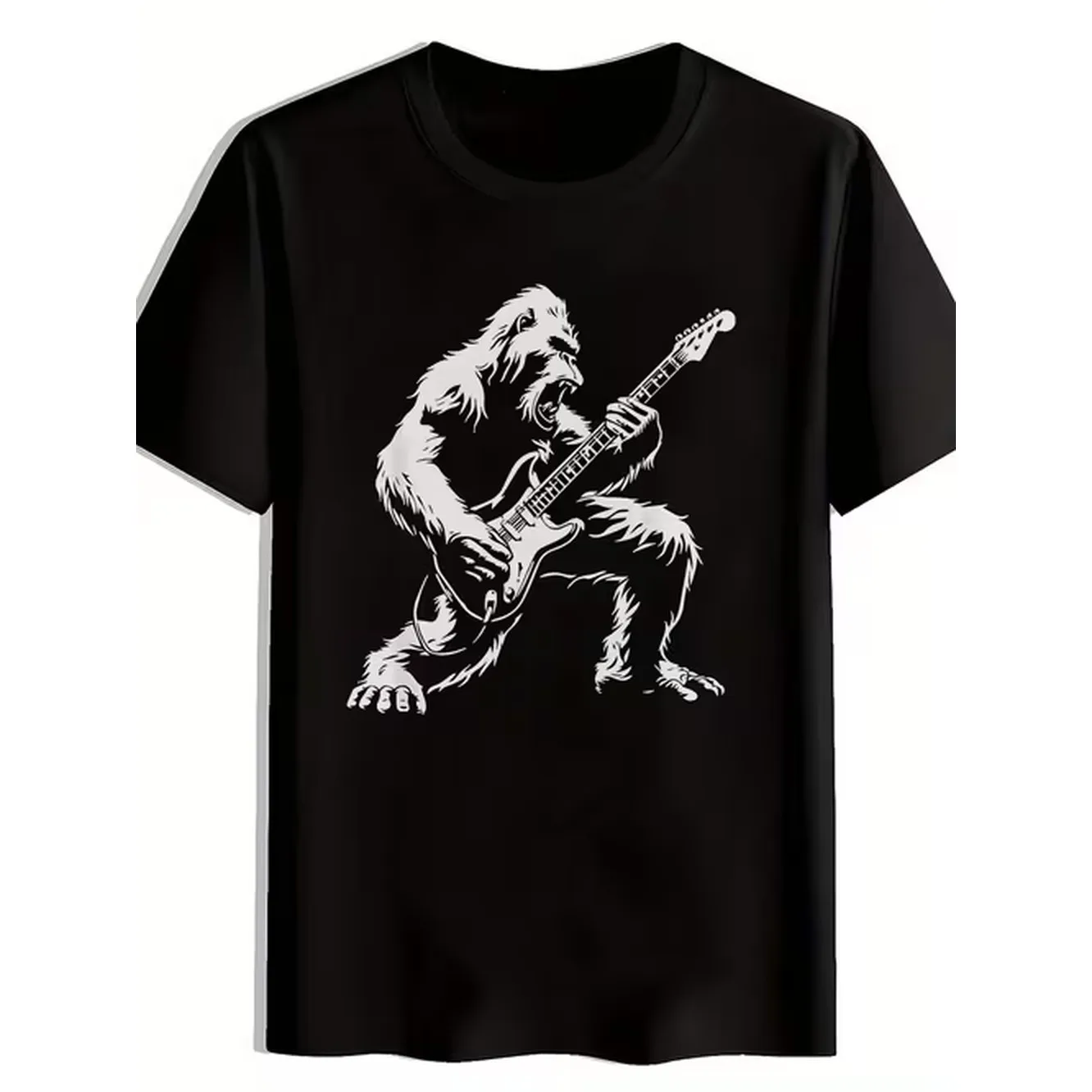 item picture mens casual black t shirt with gorilla electric guitar print round neck short sleeve summer style regular fit size everyday tshirt graphic tee