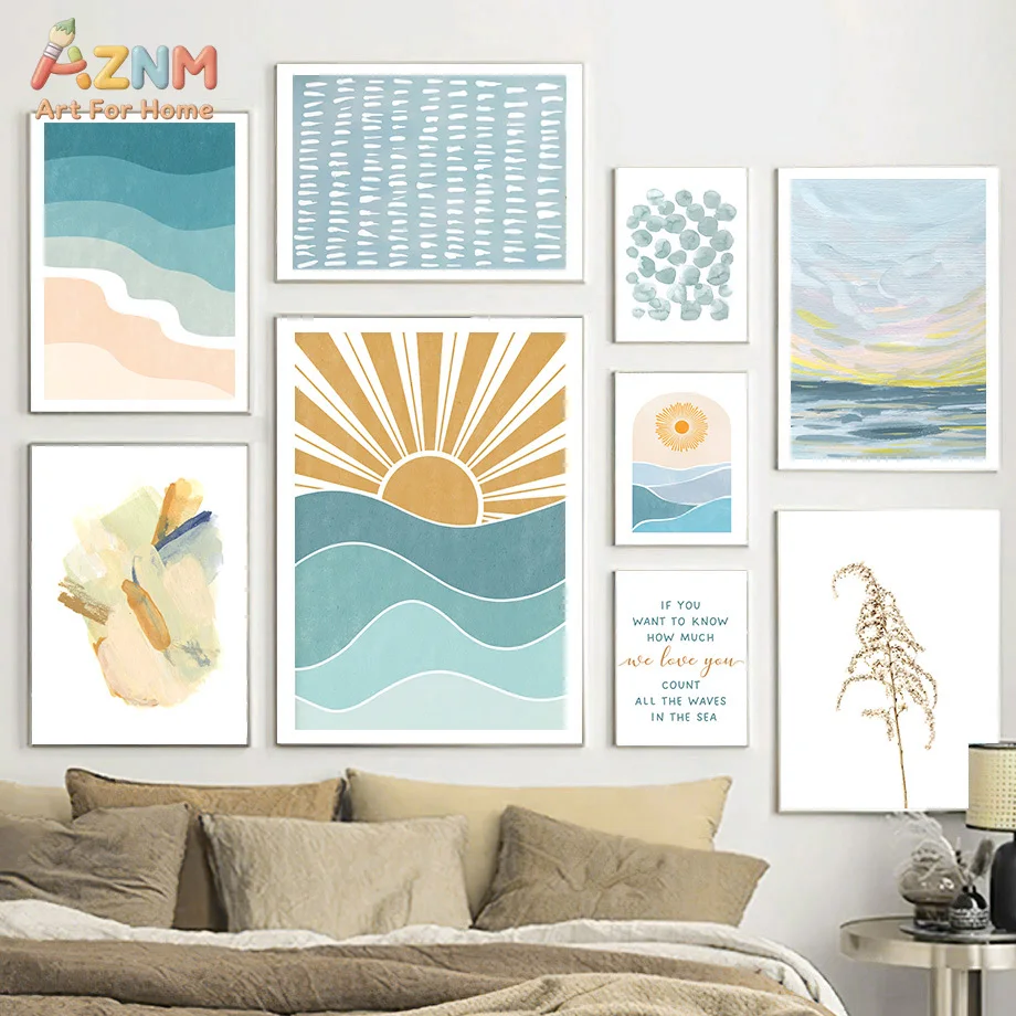 AZNM Boho Coastal Canvas Print Abstract Ocean Wave Sun Dried Grass Pastel Sea Landscape Inspirational Quote Minimalist Beach Wal
