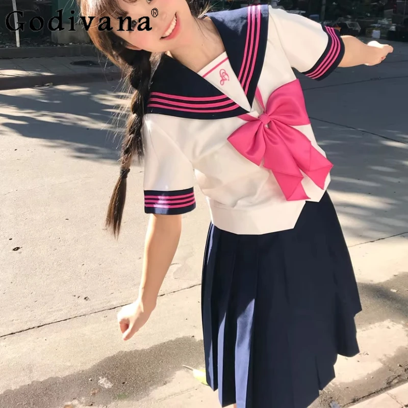 

JK Uniform Sweet Japanese Sailor Short Sleeve Contrasting Top Summer New Cute Girls Age-reducing High-waisted Pleated Skirt Set
