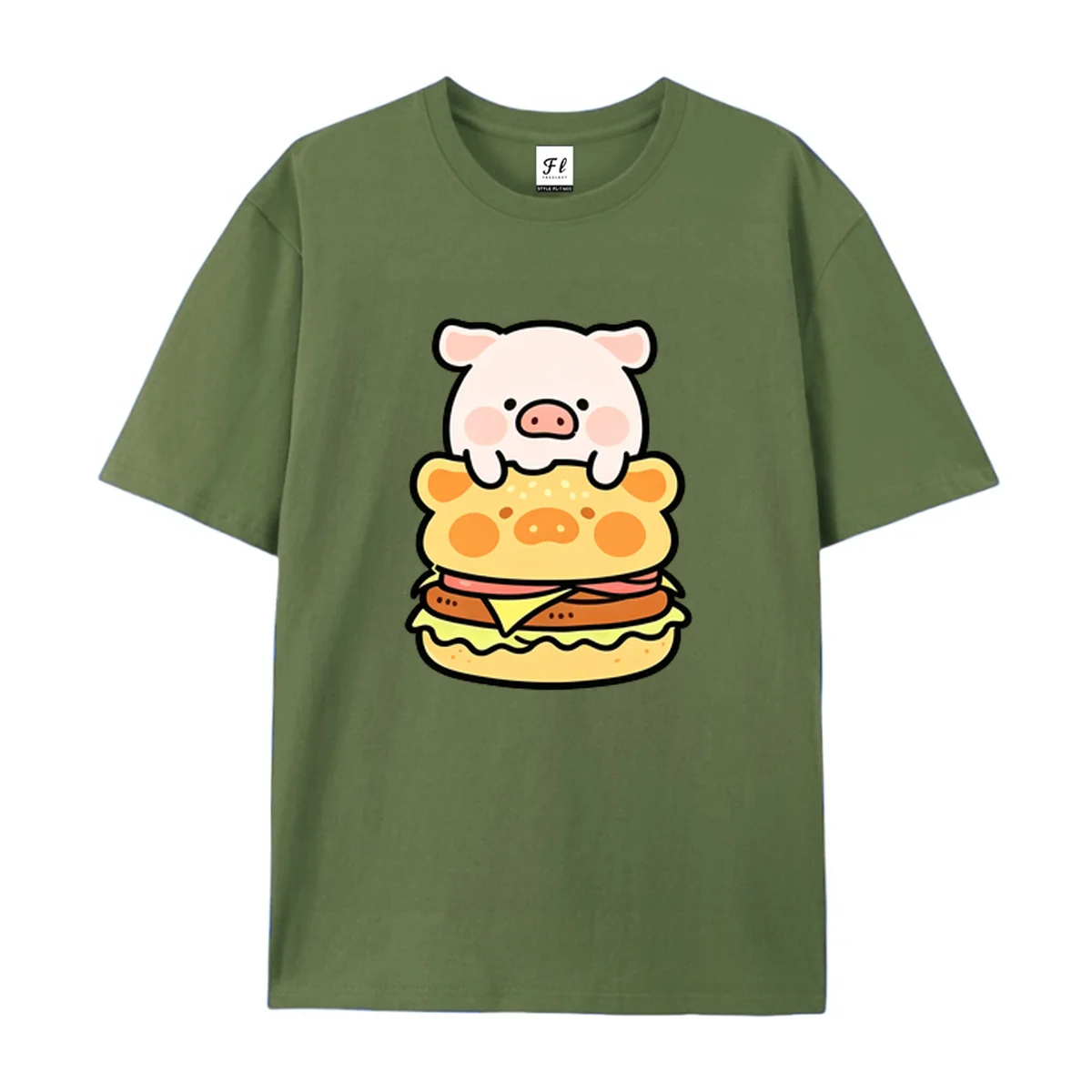 Women Men Cute Cartoon Pig On Burger Graphic T Shirt Summer Casual Short Sleeve Cotton Tee Funny Food Animal Print Fashion Top