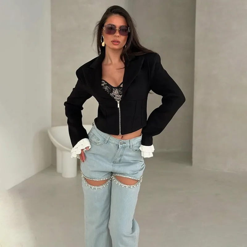 Talenza Women Sexy Deep V-neck Jackets Autumn New Retro Lace Patchwork Zipper Jackets Casual Streetwear Party Club Women Outwear