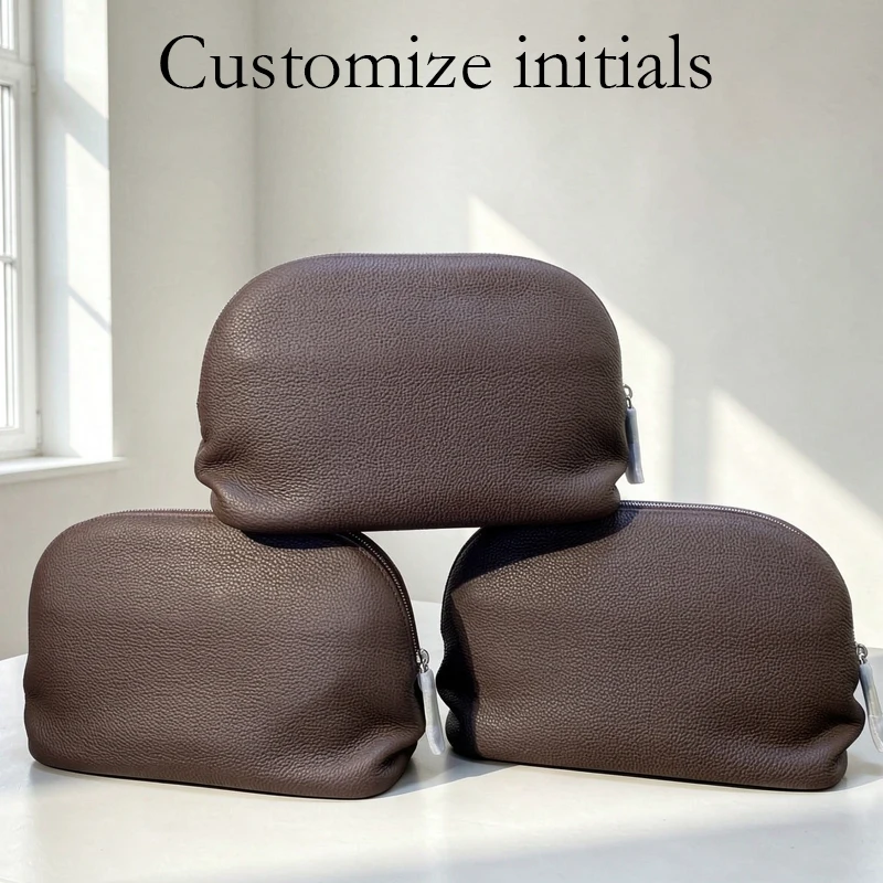 Customize Initials Leather Grain Clutch Shell Makeup Bag For Women Luxury Designer Handbags 2026 New In Cowhide Travel Organizer