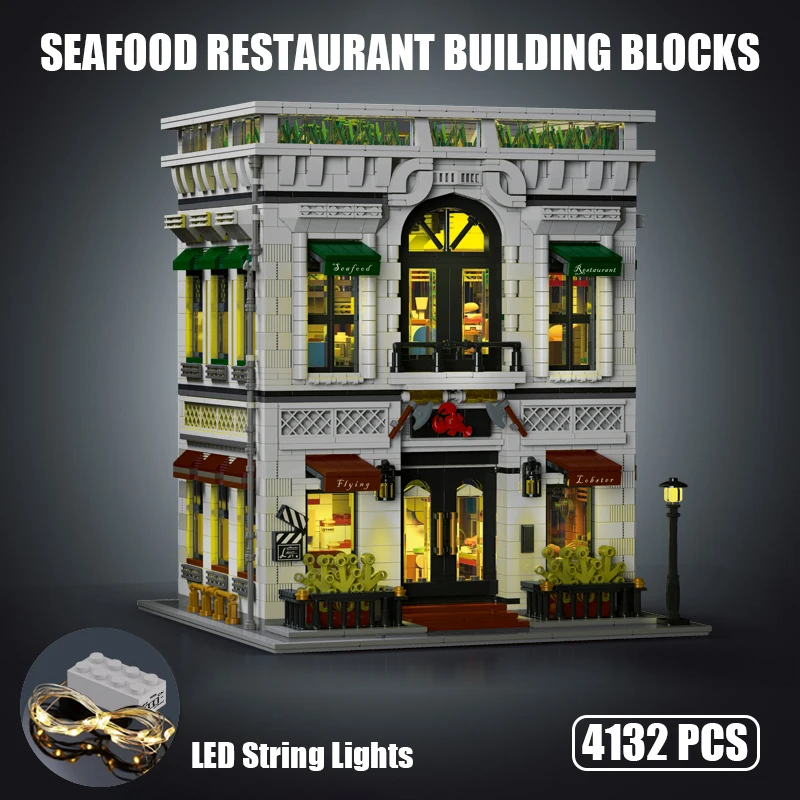 4132 PCS MOC City Street View Seafood Restaurant Building Blocks Assembly Modular House Model Bricks Toys for Adult Kids Gifts