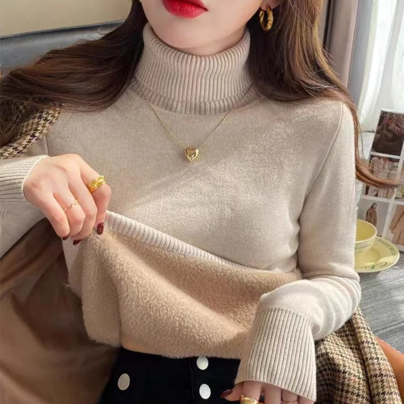 Lady Windproof High Neck Integrated Knit Sweater Women Autumn Winter New Thick Warm Thermal Versatile Outer Layering Base Top