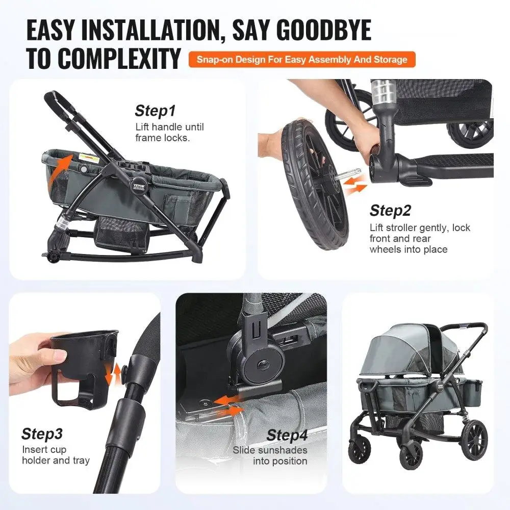 Foldable All Terrain Stroller Wagon for Two with Canopy Snack Tray and Parent Organizer Dark Grey Black