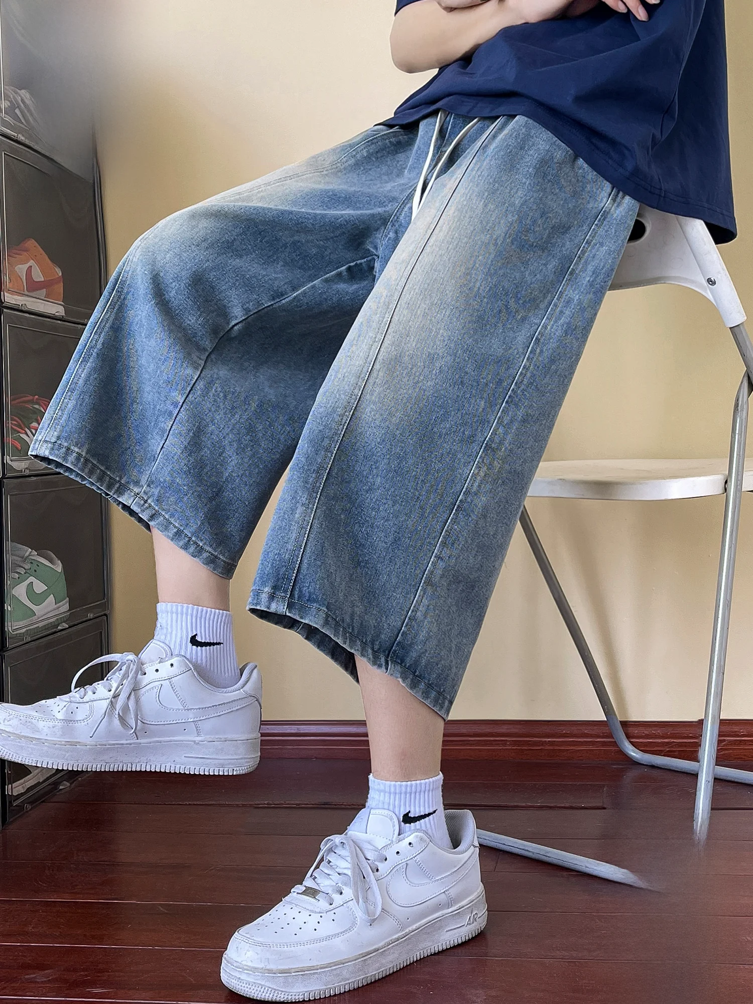 

PaulFrank Waed Casual Men's Denim orts Summer Thin Loose Straight Leg Seven Inch Pants Youth ular Cotton Polyester Blend