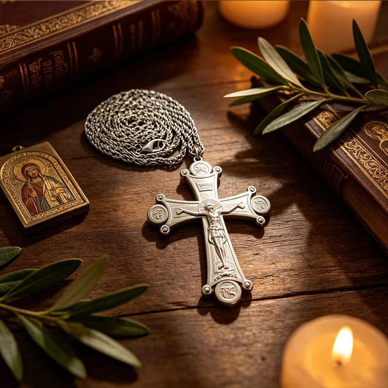 New 2026 Orthodox Byzantine Cross Necklace Pendant Crucifix Stainless Steel Silver Jesus Christ NIKA IC XC Relief Christian Gift