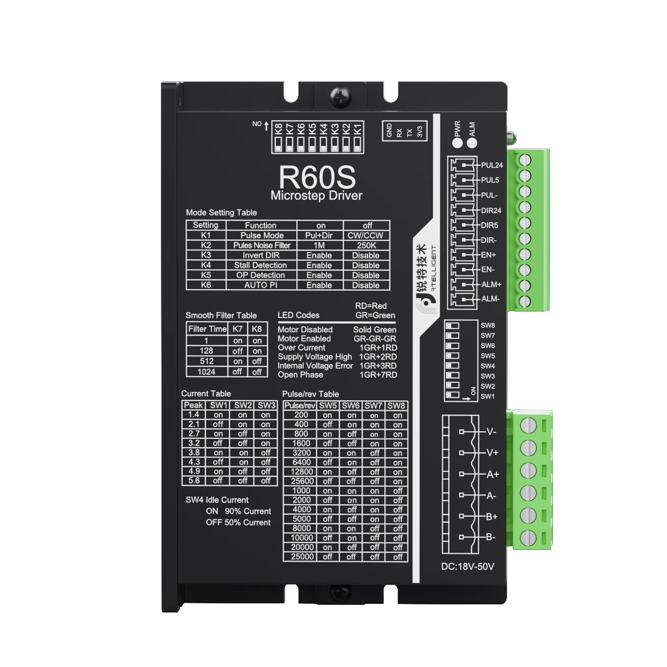 Rtelligent R60S Digital NEMA 23 24 Stepper Motor Driver Controller 24-50VDC 5.6A for NEMA 23 24 Stepper Motor CNC Machine Kit