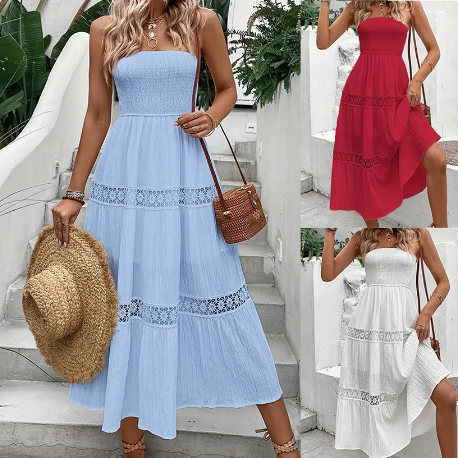 

【New style】Tube top waist dress lace stitching women's style pleated large skirt seaside vacation style medium and long dress