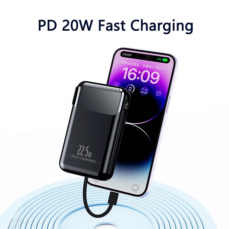 20W Power Bank 20000mAh Fast Charging Portable Powerbank with Cables External Battery for Samsung iPhone 15 13 12 Mini Poverbank