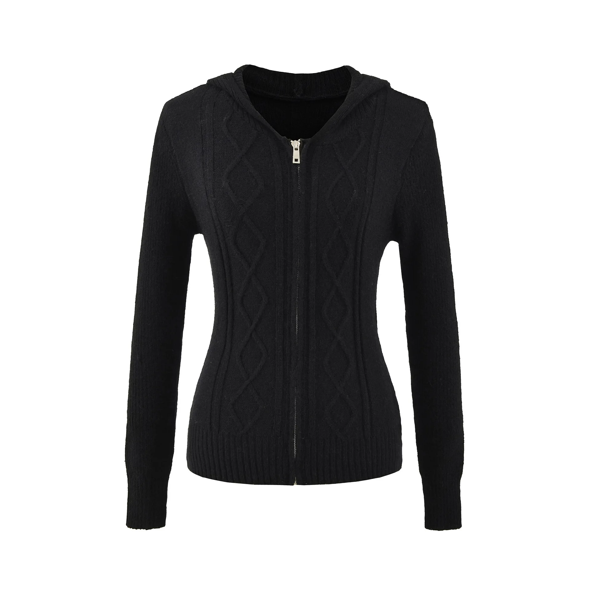 

American Style Hooded Knitted Sweater Top for Women, Autumn and Winter New Slim Waist Twist Zipper Cardigan Sweater Coat UJDT