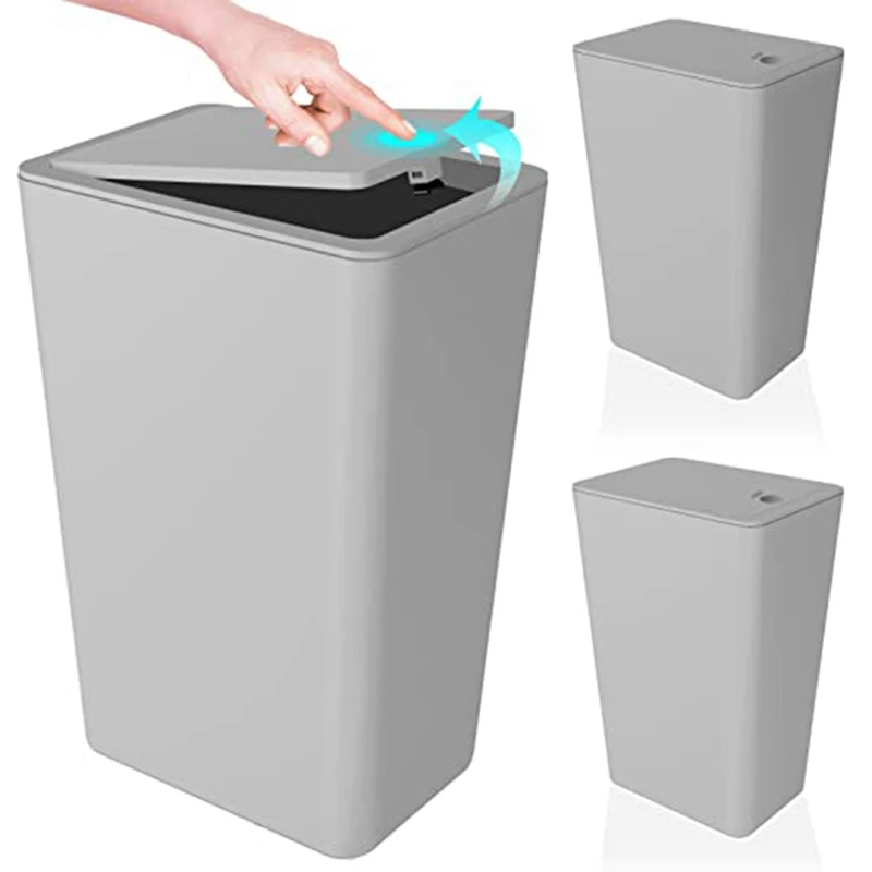 3PCS Bathroom Trash Can With Press Type Lid Small Slim Garbage Bin Wastebasket For Kitchen/Bedroom/Office, Grey 3PCS Grey