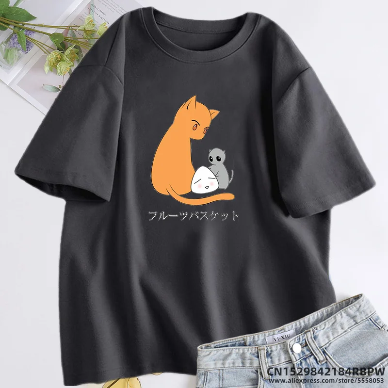 Fruit Basket Cat Mouse Tshirt Oversize Cotton Anime T-shirt Summer Cute Kawaii Clothes Unisex Short Sleeve Women\'s Clothing Tees