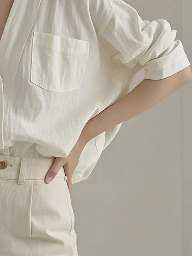 เสื้อคอวีฝรั่งเศสผ้าฝ้ายแท้หลวมแขนยาวสีขาวบาง ZT80