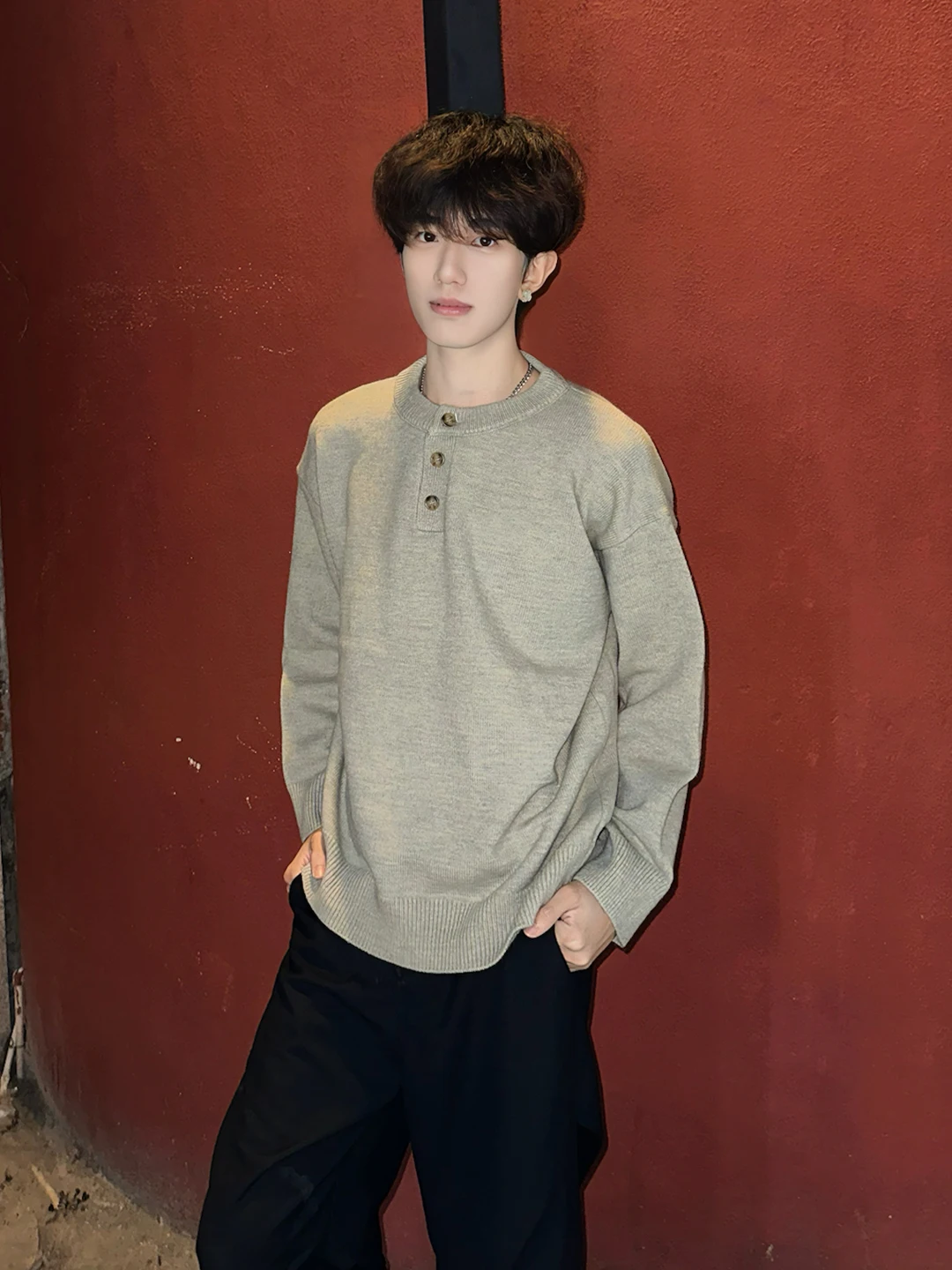 

Light ey Men's Knitted Henley Sweater Winter Inner Wear T-irt Cleanfit Overhead Long Sve Loose Fit round Ne Base irt