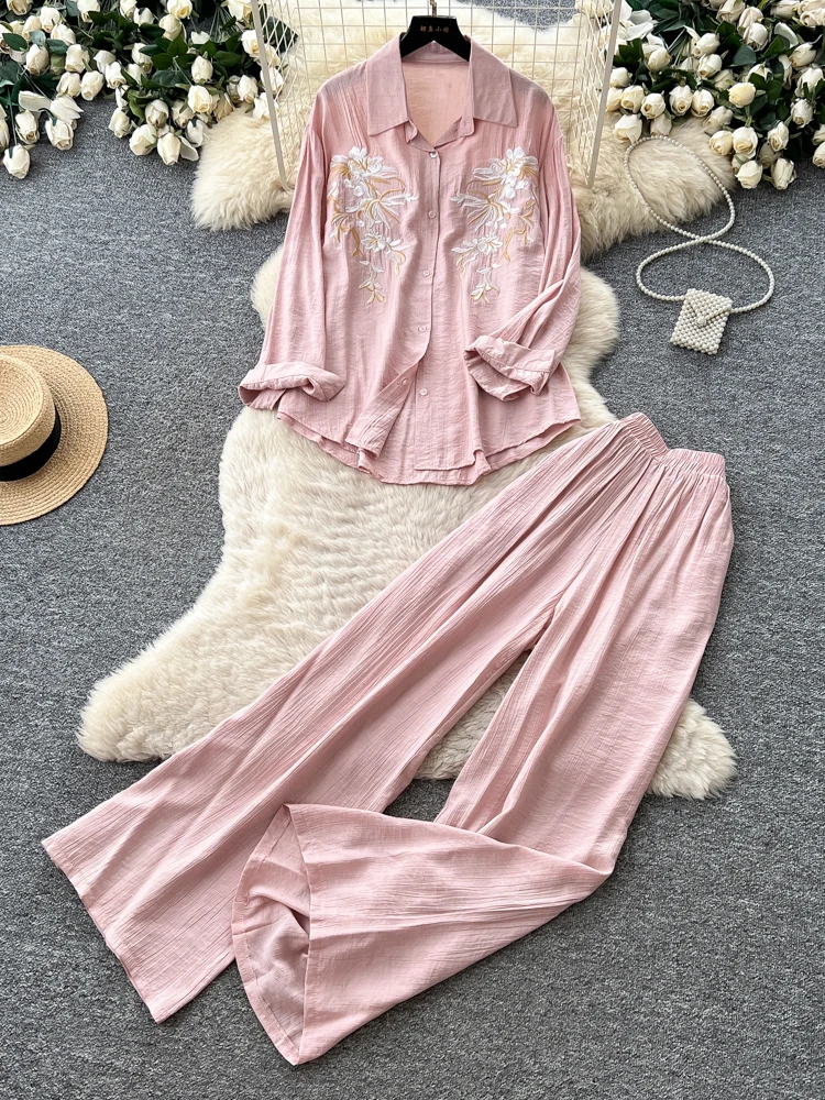 Pink Embroidered Shirt Wide Leg Pants Two Piece Set Women's Autumn Long Sleeve Sequin Commute Slimming Elegant Ensemble