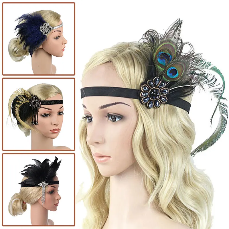 Flapper Feather Headband Hair Accessories Rhinestone Beaded Sequin Hairband for Women Vintage Gatsby Party Headpiece Headwear