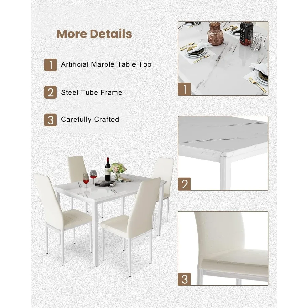 Dining Table Set for 4 Faux Marble Kitchen and Table Chairs Set of 4 Dining Room Table Set with 4 PU Leather
