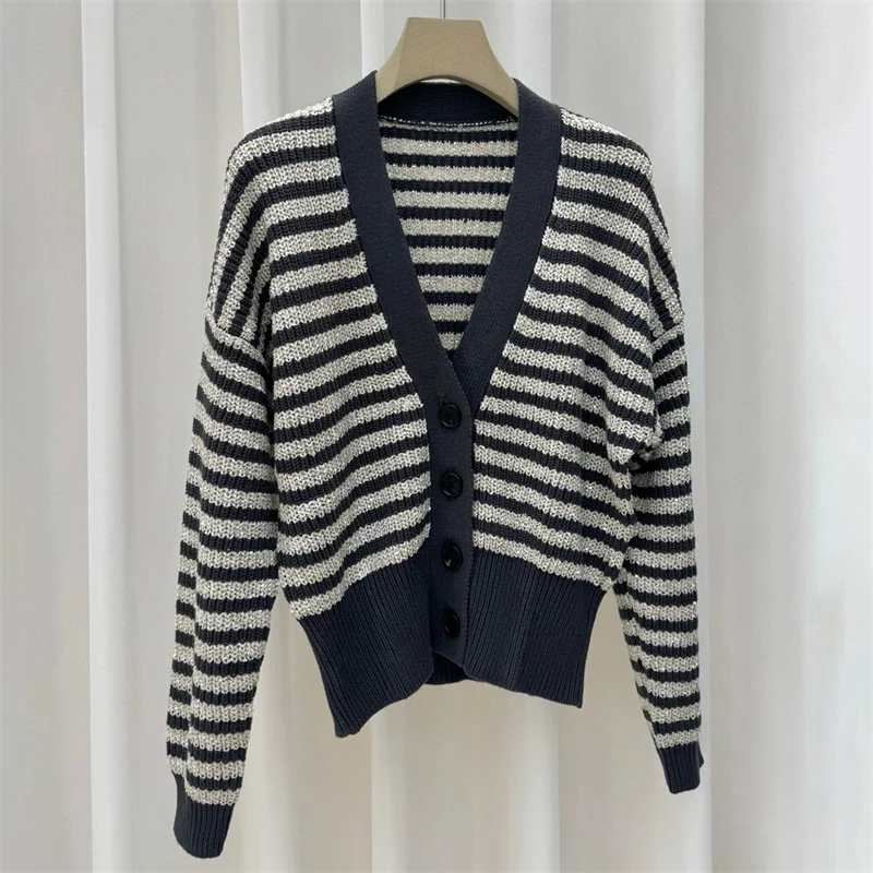 

Cardigan for women 2025 Winter New Elastic knit slim fit long sleeved top cotton blended V-neck women's sweater striped Knitwear