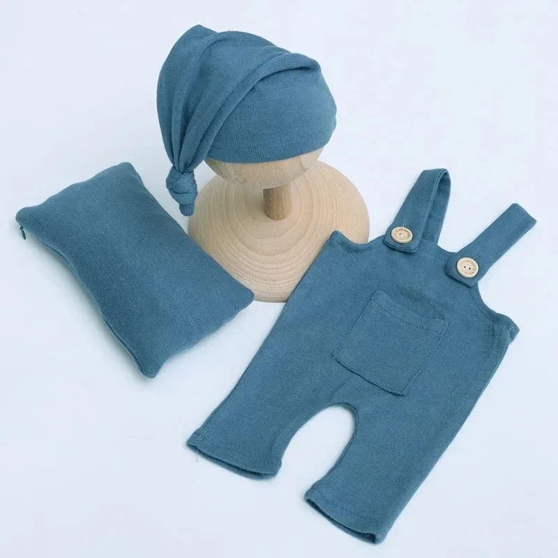 Shooting Photo Costume for Baby Casual Simple Soft Solid Color Hat+Overall Pant+pillow 3pcs/sets Newborn Photography Clothing