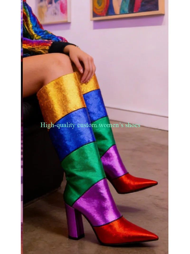 Model Pointed Rainbow Color-Blocked Version Women's Mid-calf Boots Chunky High Heels Handcrafted Luxury Runway Style High Heel