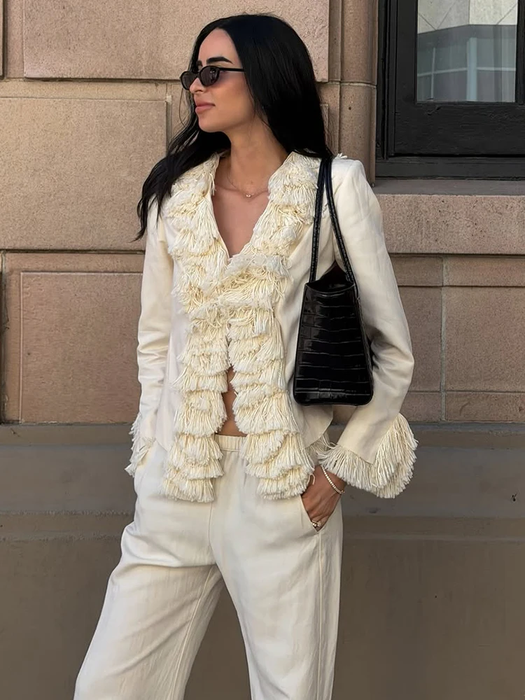 Urban Tassel Patchwork Blazer Women Elegant Full Sleeve V-neck Button Slim Jackets Female 2026 Autumn Winter Outwear Lady New