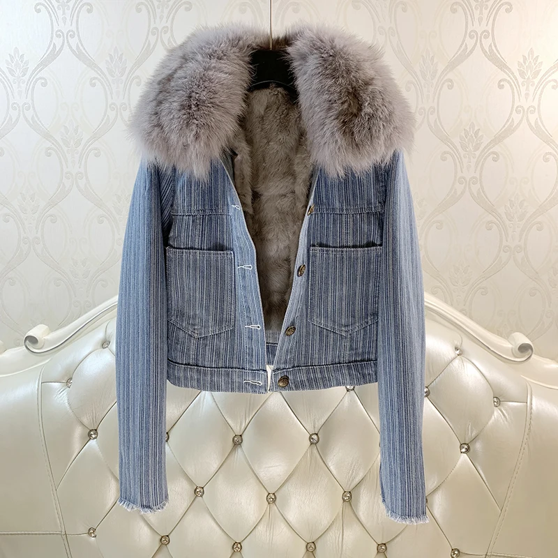 

Striped short fox fur denim jacket for women 2023 autumn winter Korean retro thickened solid color parkas real fur coat Y3148