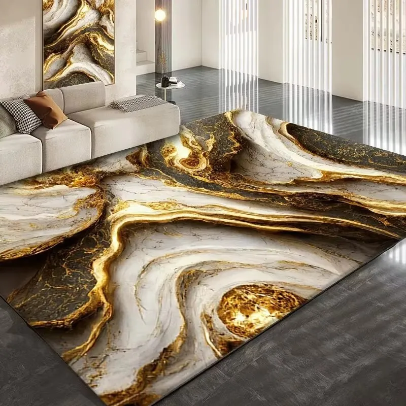 Luxury Marble Swirl Area Rug Soft Flannel Carpet with Gold Blue Fluid Texture for Living Room Bedroom Large Floor Decor Mat