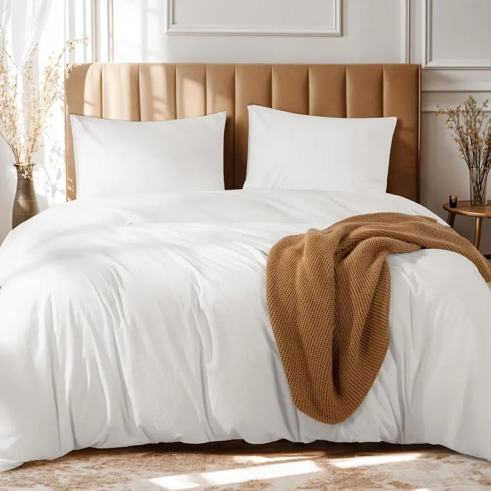 Ivory Queen Size 100% Cotton Duvet Cover Set with 2 Pillowcases and Zip Closure