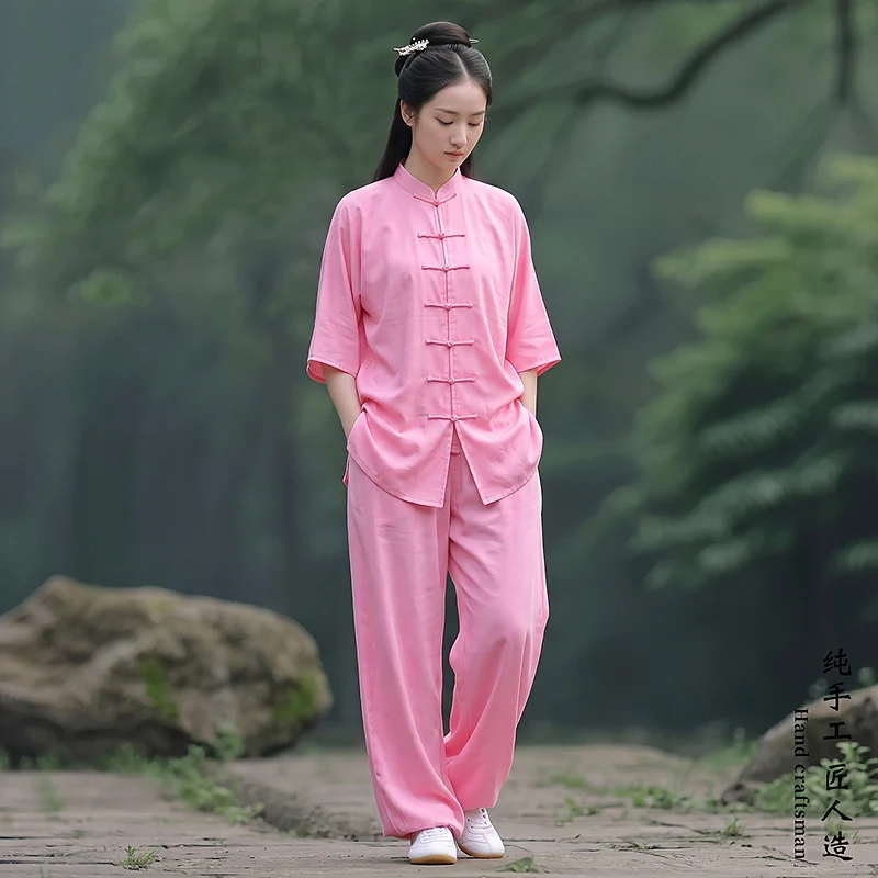 New Summer Pink Short Sleeve Tai Chi Suit - Cool Breathable Premium Linen Chinese Style Daily Wear Morning Exercise Martial Arts