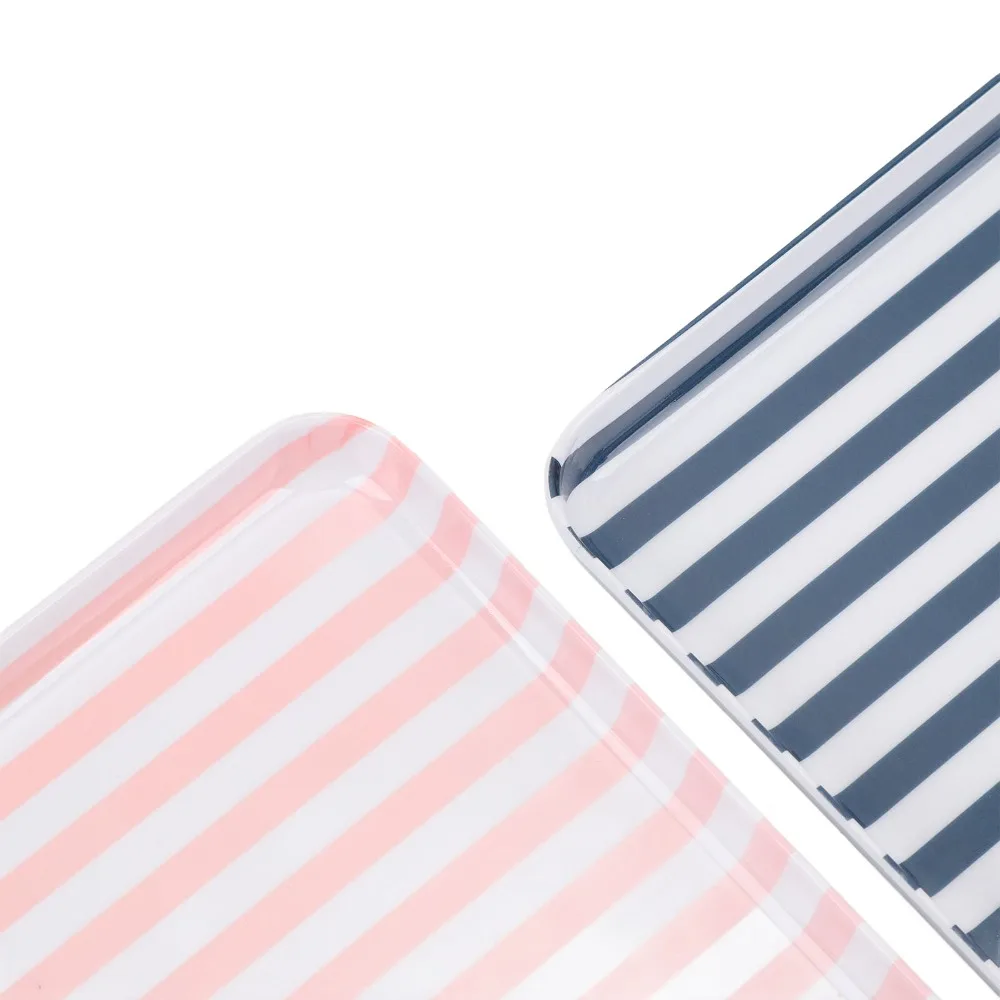 2Pcs Decorative Resin Serving Tray Raised Edge Lightweight Food Platter Rectangular Striped Surface Display Tray Kitchen Daily