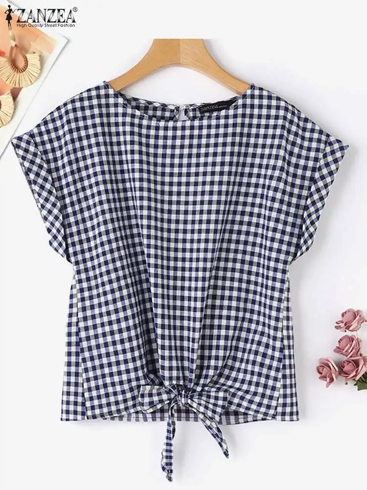 2024 ZANZEA Summer Tops Fashion Women Plaid Checked Blouse Short Sleeve Bow Tie Blusas Vintage Party Holiday Shirt Casual Tunic