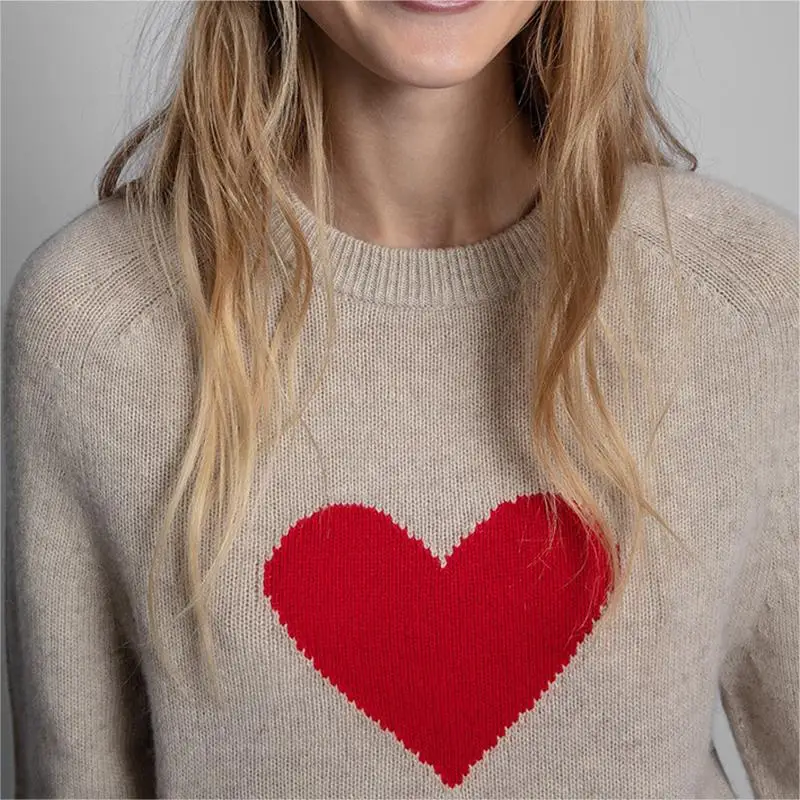 Zadig Heart Sweaters Embroidery Women Sweaters Autumn Winter 0-Neck Long Sleeve Knitted Female Sweatshirt Khaki Pullover Tops