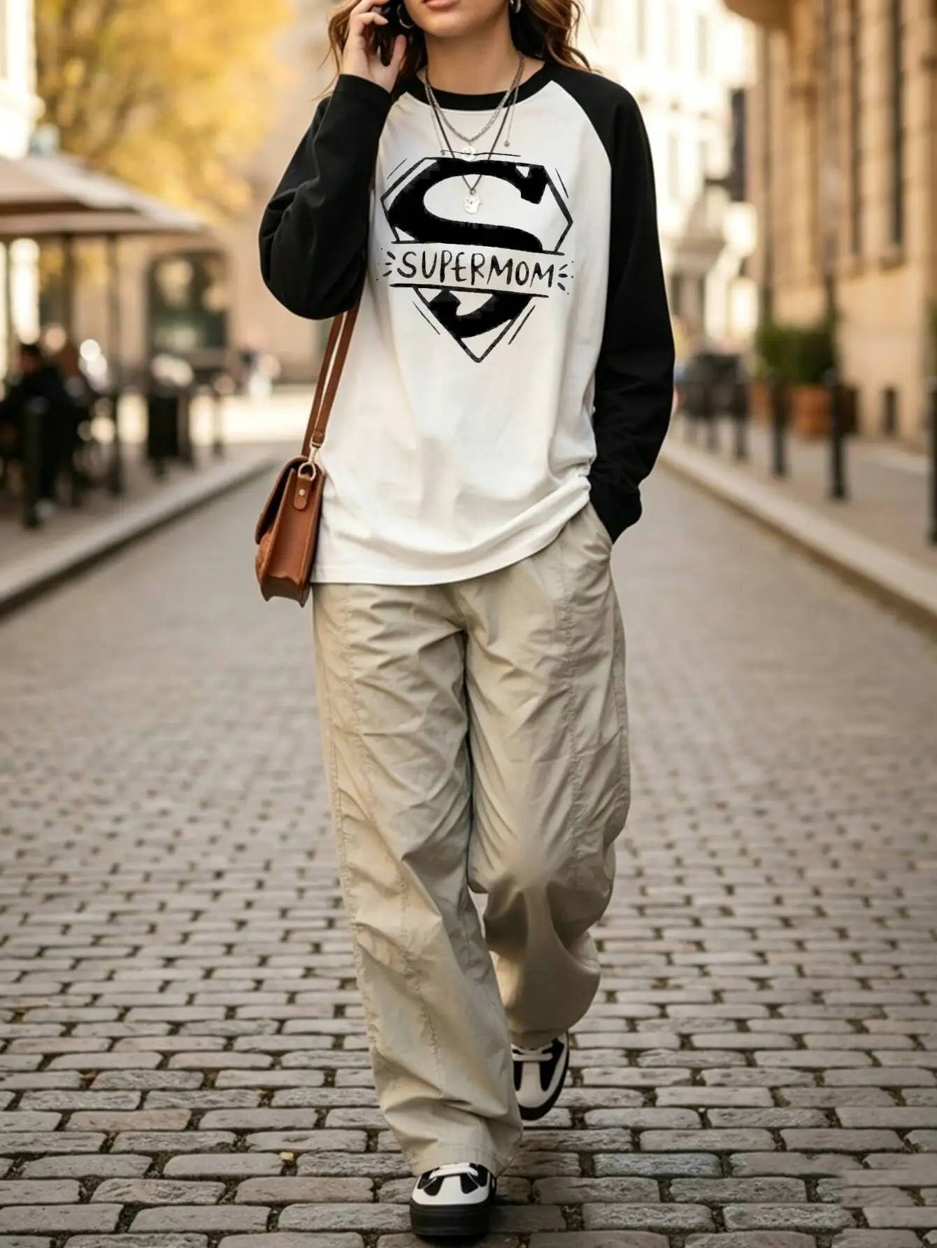 Casual Raglan Baseball Style Long Sleeve For Women T Shirt Super Mom Shield Graphic Print Loose Female Tops kawaii tops vintage