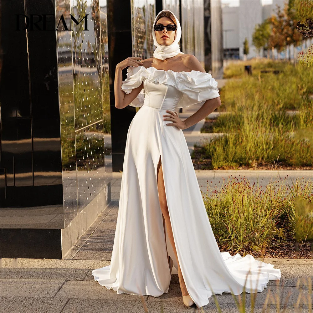 

Elegant Satin A-Line Wedding Dress 2025 Pleat Off The Shoulder Side Split Open Back Bridal Gown Vestidos De Novia Customized
