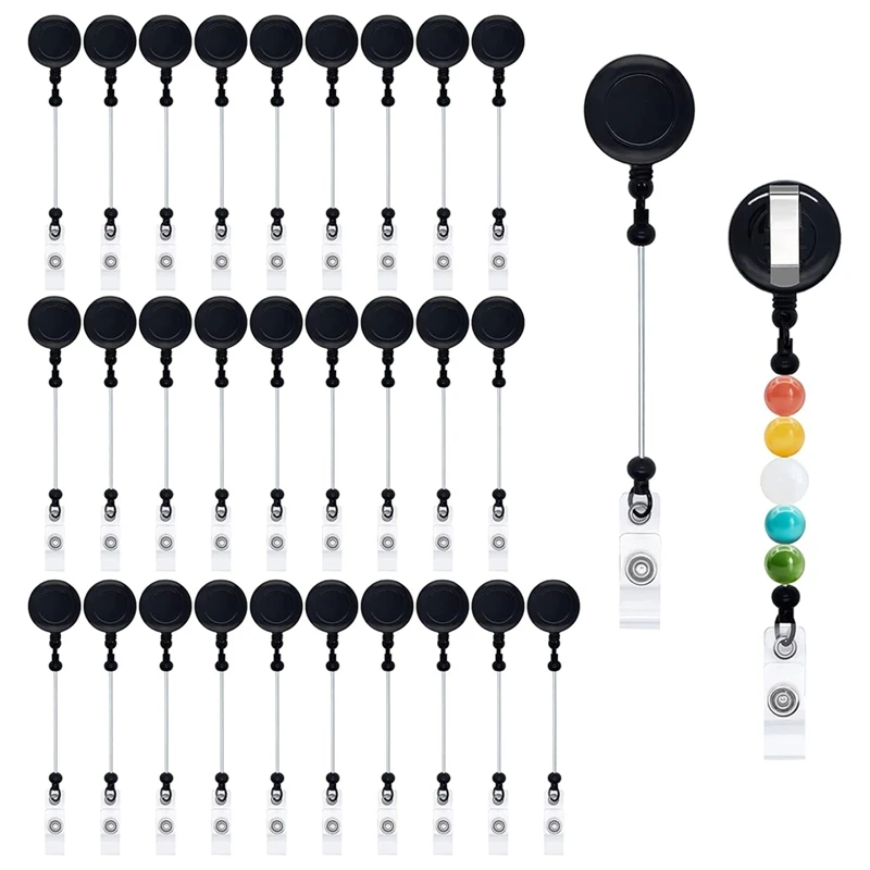 30 Pcs Beadable Badge Reel Retractable, DIY Blank Badge Reel Kit With Belt Clip Beadable Items Gift For Office Supplies