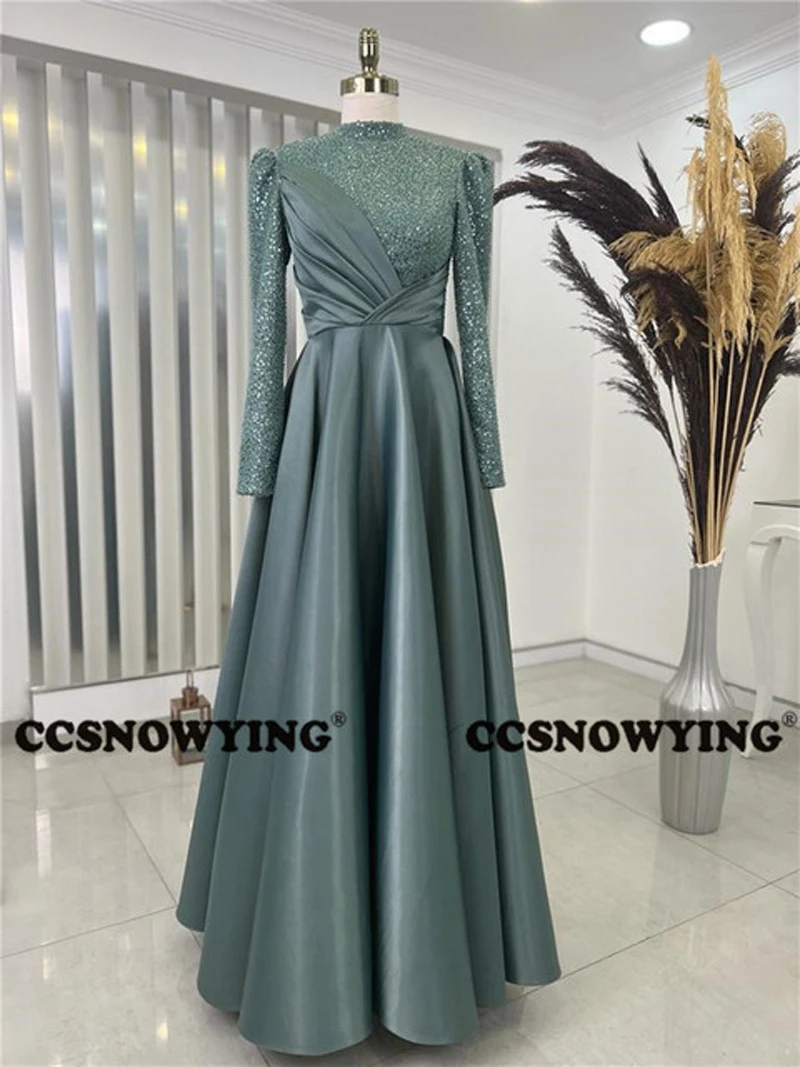 

Sparkly Sequin Sequin Satin High Neck Long Sleeve Evening Dresses Prom Dress Formal Occasion Dresses Arabic Dubai Kaftan