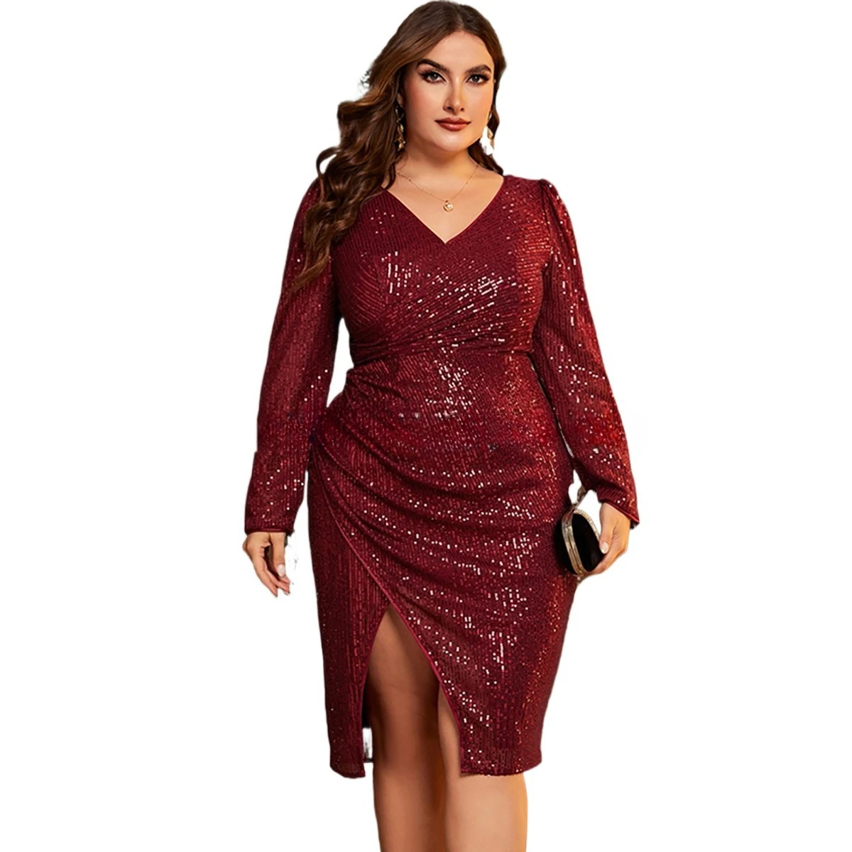 

Elegant V-neck Sequined Knee Length Dress With Long Sleeves Bungundy