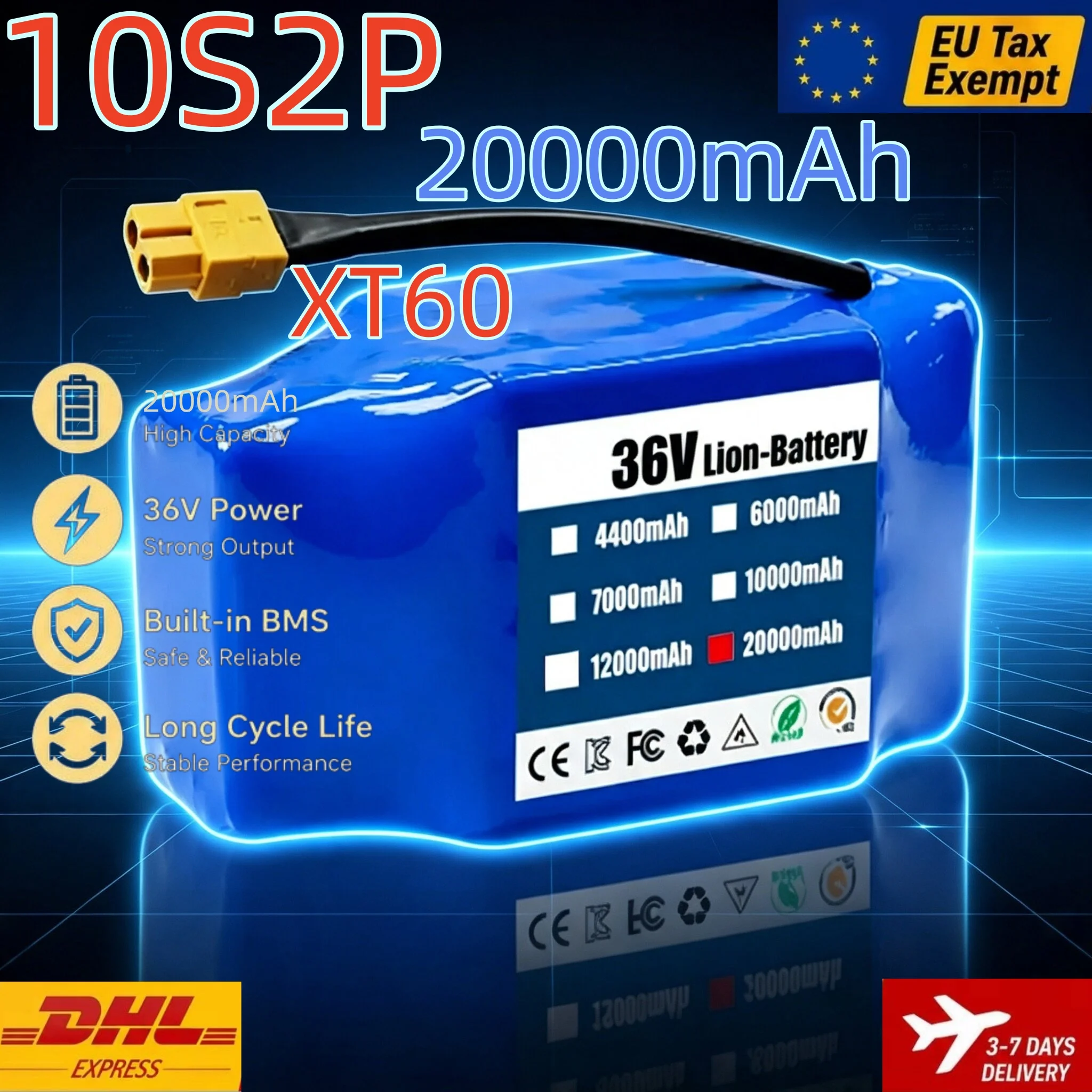 36V 20000mAh 10S2P Lithium-Akku-Pack mit XT60-Anschluss, integriertem BMS, 18650 Li-Ionen-Akku für Elektroroller, Hoverboard, E-Bike