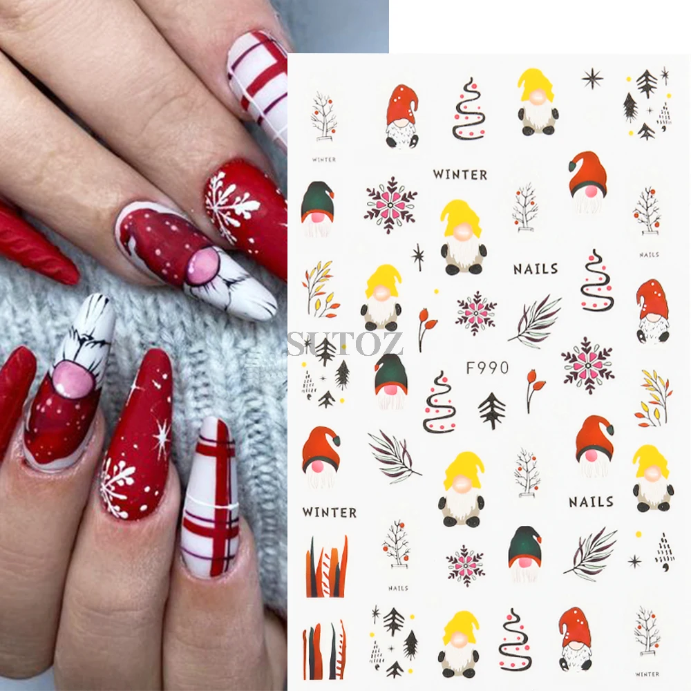 3D Gnome Christmas Nail Stickers Santa Claus Nail Decals New Year Decoration Elk Tree Deer Snowflakes Manicure Sliders NLF990