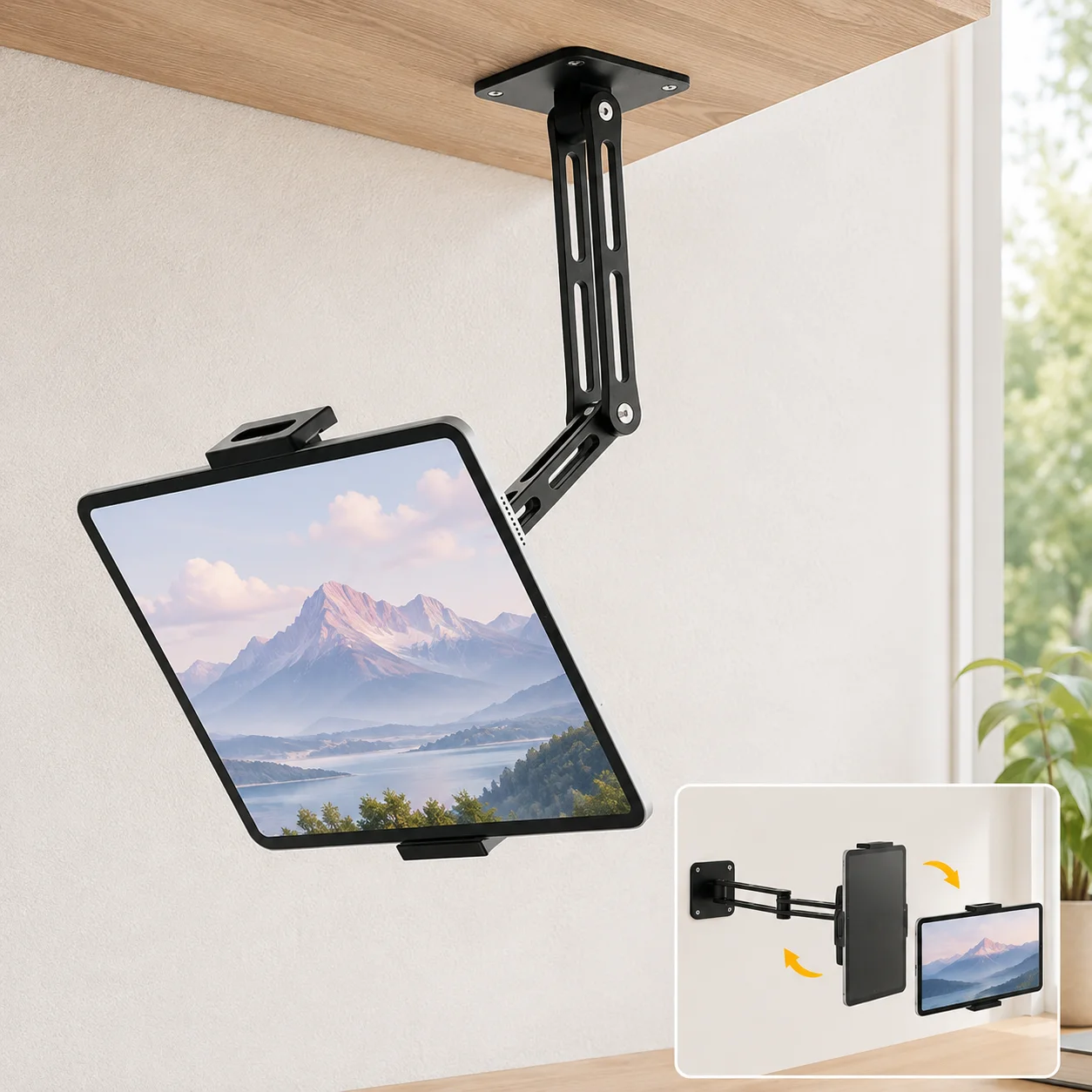 360° Rotatable Tablet and Phone Holder, Long Arm Wall Mount Stand for Desk Bed Use