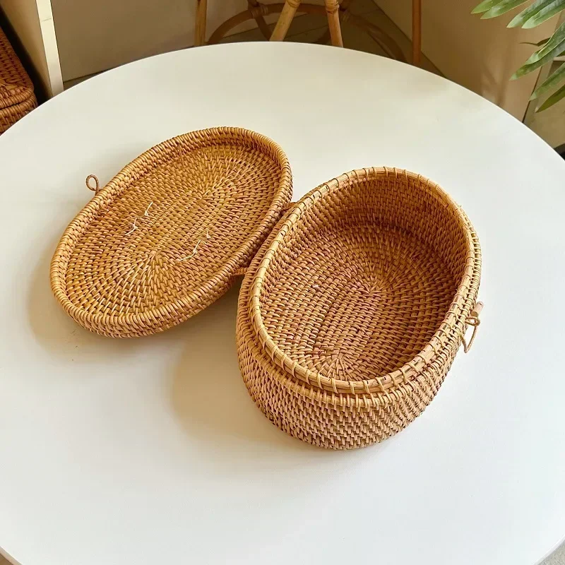

Hand-Woven Rattan Laundry Basket with Cover Large Clothing Sundry Books Primary Color Storage Basket Home Supplies